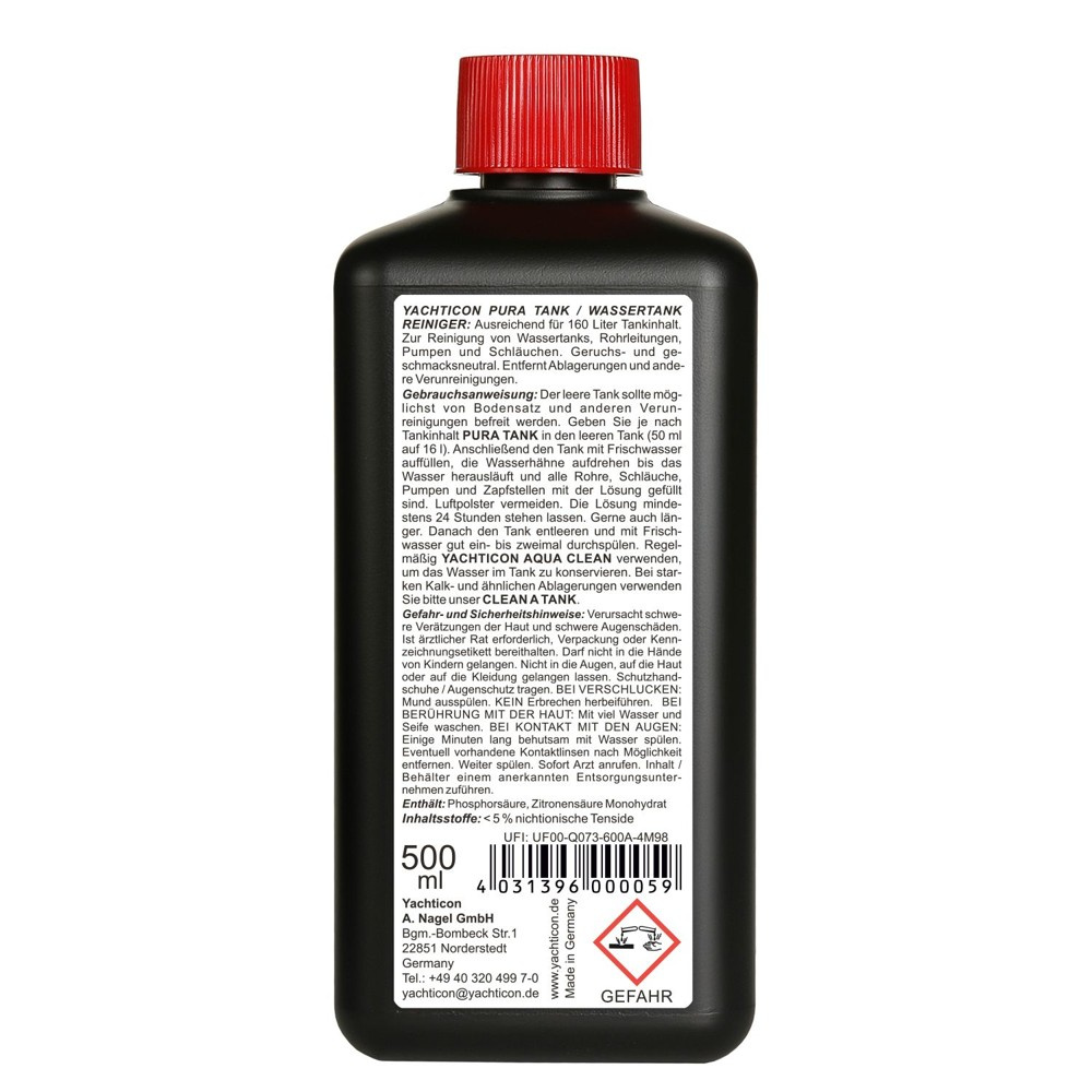 Yachticon Pura Tank 500 ml - tył butelki z instrukcją, zdjęcie producenta